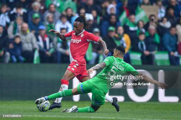 Gelson MARTINS of Monaco and Timothee KOLODZIEJCZAK of Saint Etienne during the Ligue 1 Uber Eats match between Saint-Etienne and Monaco at Stade...