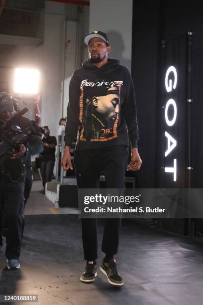 Kevin Durant of the Brooklyn Nets arrives to the arena before the game against the Boston Celtics during Round 1 Game 3 of the 2022 NBA Playoffs on...