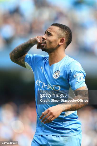 Gabriel Jesus of Manchester City celebrates after scoring their 4th goal during the Premier League match between Manchester City and Watford at...