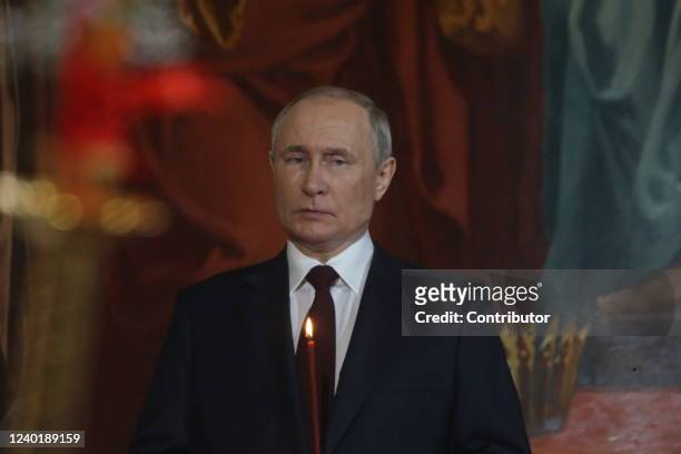 Russian President Vladimir Putin attends Orthodox Easter mass led by Russian Orthodox Patriarch Kirill at the Christ The Saviour Cathedral on April...