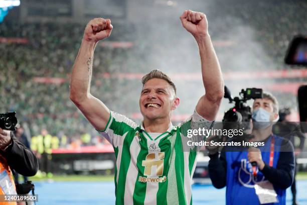 Joaquin Sanchez of Real Betis celebrates the Copa del Rey victory during the Spanish Copa del Rey match between Real Betis Sevilla v Valencia at the...