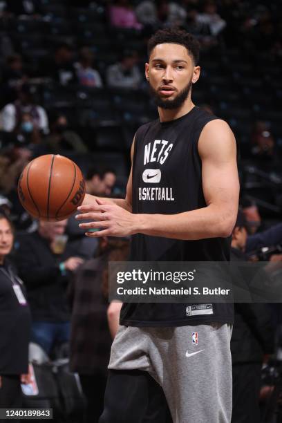 Ben Simmons of the Brooklyn Nets looks on before the game against the Boston Celtics during Round 1 Game 3 of the 2022 NBA Playoffs on April 23, 2022...