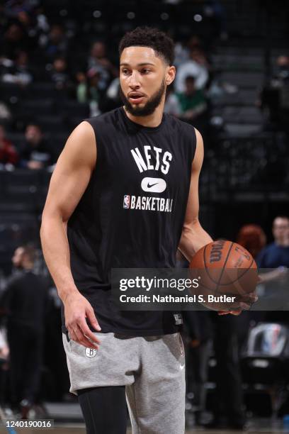 Ben Simmons of the Brooklyn Nets looks on before the game against the Boston Celtics during Round 1 Game 3 of the 2022 NBA Playoffs on April 23, 2022...