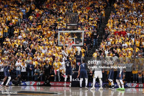 Rudy Gobert of the Utah Jazz drives to the basket to win the game during Round 1 Game 4 of the 2022 NBA Playoffs against the Dallas Mavericks on...