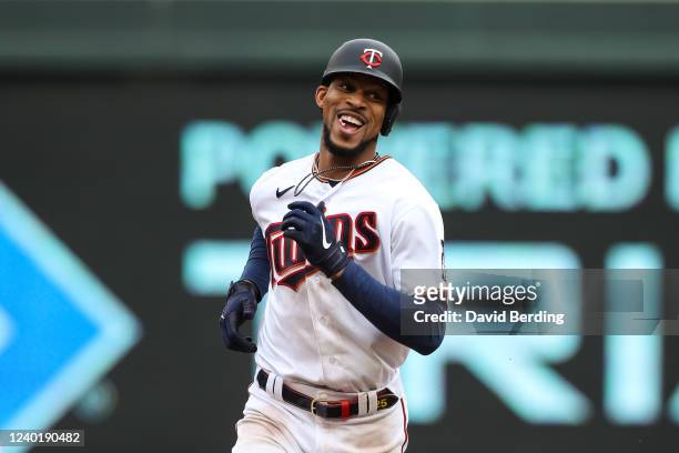 Byron Buxton of the Minnesota Twins celebrates his solo home run against the Chicago White Sox in the fourth inning of the game at Target Field on...