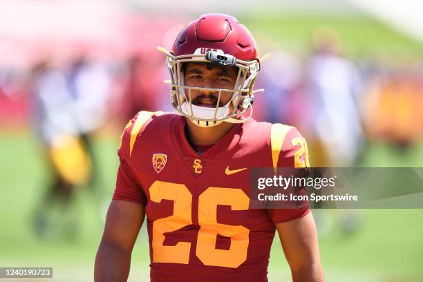 Trojans running back Travis Dye warms up before USC Trojans Spring Game on April 23 at Los Angeles Memorial Coliseum in Los Angeles, CA.