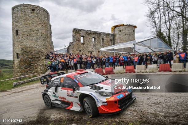 Kalle Rovanpera of Finland and Jonne Halttunen of Finland compete in their Toyota Gazoo Racig WRT Toyota Yaris GR Rally1 during Day Three of the FIA...