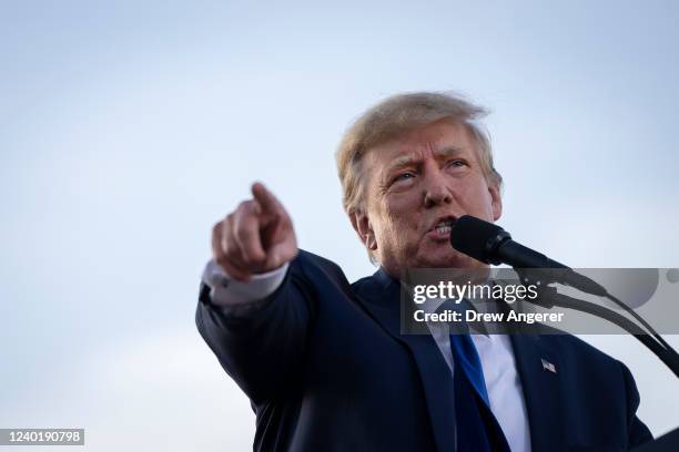 Former U.S. President Donald Trump speaks during a rally hosted by the former president at the Delaware County Fairgrounds on April 23, 2022 in...