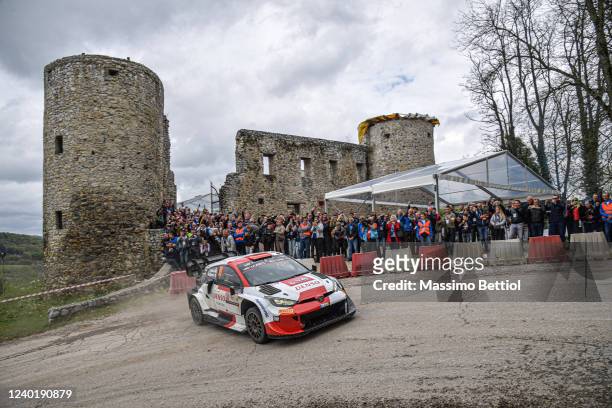 Takamoto Katsuta of Japan and Aaron Johnston of Great Britain compete in their Toyota Gazoo Racig WRT Toyota Yaris GR Rally1 during Day Three of the...