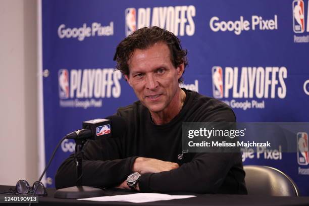 Head Coach Quin Snyder of the Utah Jazz talks to the media after Round 1 Game 4 of the 2022 NBA Playoffs against the Dallas Mavericks on April 23,...