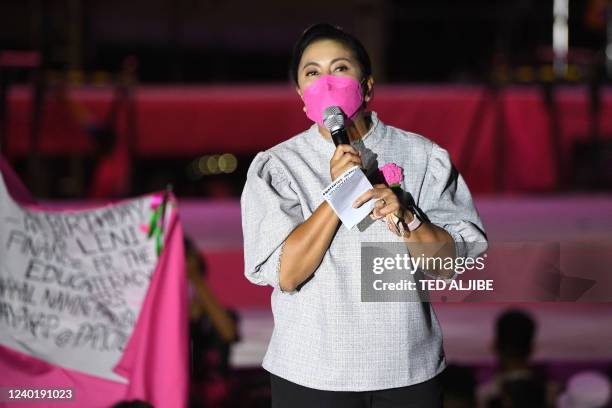 In this photo taken on April 23 Philippine Vice President and opposition presidential candidate Leni Robredo speaks before thousands of supporters...