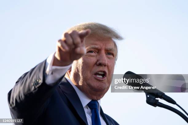 Former U.S. President Donald Trump speaks during a rally hosted by the former president at the Delaware County Fairgrounds on April 23, 2022 in...