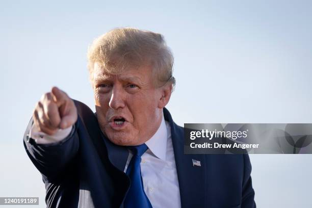 Former U.S. President Donald Trump arrives during a rally hosted by the former president at the Delaware County Fairgrounds on April 23, 2022 in...