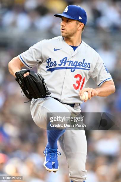 Tyler Anderson of the Los Angeles Dodgers pitches during the second inning of a baseball game against the San Diego Padres on April 23, 2022 at Petco...