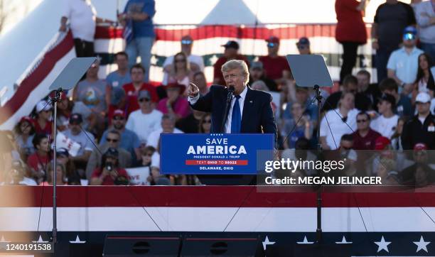 Former US President Donald Trump speaks during a rally in Delaware, Ohio, on April 23, 2022.