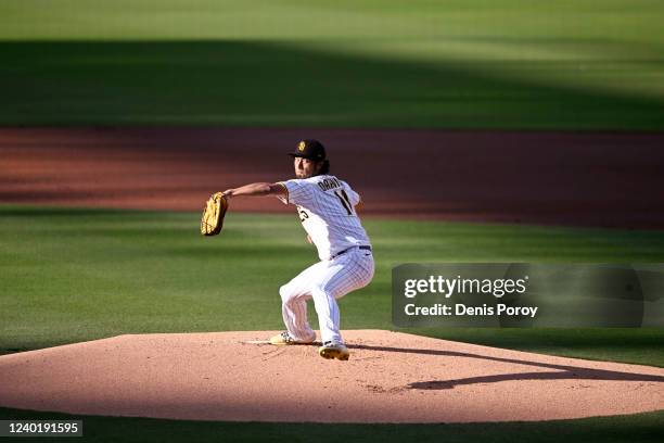 Yu Darvish of the San Diego Padres pitches during the first inning of a baseball game against the Los Angeles Dodgers on April 23, 2022 at Petco Park...