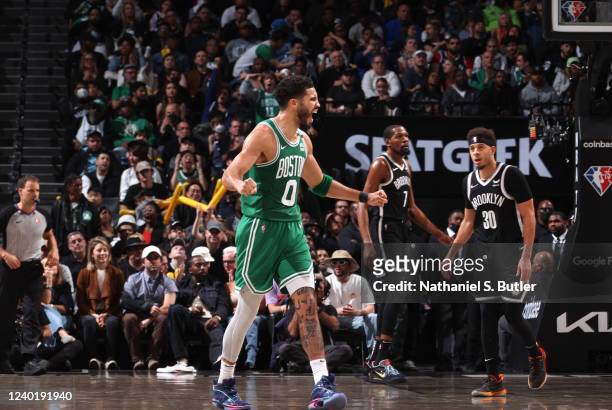 Jayson Tatum of the Boston Celtics celebrates against the Brooklyn Nets during Round 1 Game 3 of the 2022 NBA Playoffs on April 23, 2022 at Barclays...