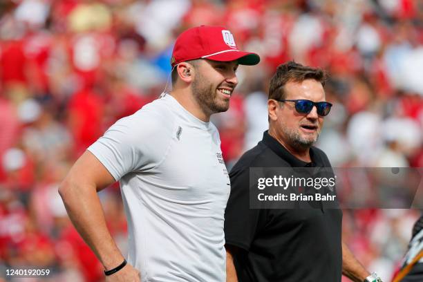 Baker Mayfield and Bob Stoops talk after Mayfield was honored by the Oklahoma Sooners during their spring game at Gaylord Family Oklahoma Memorial...