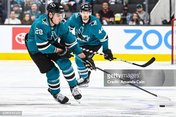 Timo Meier of the San Jose Sharks races up the iced in game against the Chicago Blackhawks at SAP Center on April 23, 2022 in San Jose, California.