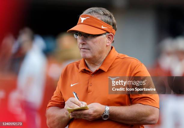 University of Texas Long Horns special assistant to head coach Gary Patterson marks down a play during the spring game on April 23 at Darrell K Royal...
