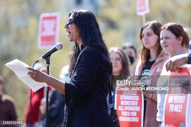 Seattle City Council Member Kshama Sawant speaks during the "Fight Starbucks' Union Busting" rally and march in Seattle, Washington on April 23, 2022.