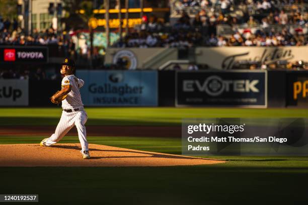 Yu Darvish of the San Diego Padres pitches in first inning against the Los Angeles Dodgers on April 23, 2022 at Petco Park in San Diego, California.