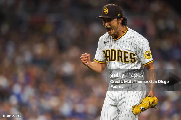 Yu Darvish of the San Diego Padres celebrates at the end of the sixth inning against the Los Angeles Dodgers on April 23, 2022 at Petco Park in San...