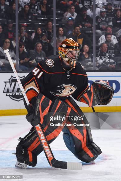 Anthony Stolarz of the Anaheim Ducks protects the goal during the first period against the Los Angeles Kings at Crypto.com Arena on April 23, 2022 in...