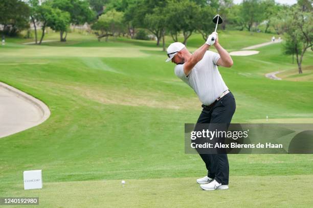 Former MLB pitcher Jon Lester plays his shot from the 15th hole tee during round two of the ClubCorp Classic at Las Colinas Country Club on April 23,...