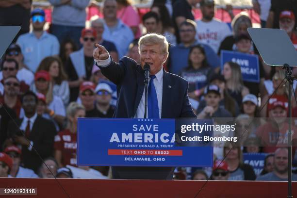 Former U.S. President Donald Trump speaks during the 'Save America' rally at the Delaware County Fairgrounds in Delaware, Ohio, U.S., on Saturday,...