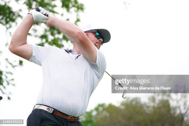 Former MLB Pitcher Jon Lester plays his shot from the 15th hole tee during round two of the ClubCorp Classic at Las Colinas Country Club on April 23,...