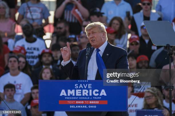 Former U.S. President Donald Trump speaks during the 'Save America' rally at the Delaware County Fairgrounds in Delaware, Ohio, U.S., on Saturday,...