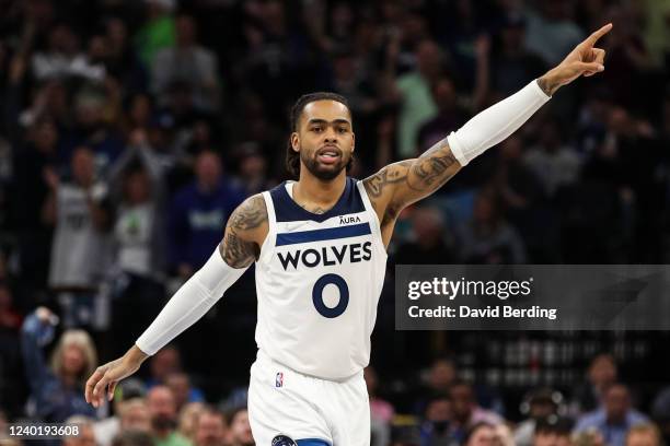 Angelo Russell of the Minnesota Timberwolves directs play against the Memphis Grizzlies in the second quarter of the game during Game Four of the...