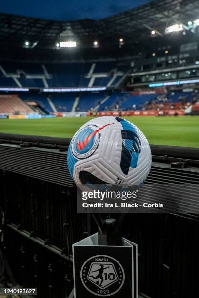 The game ball commemorating the ten year anniversary of NWSL during the 2022 NWSL Challenge Cup match between Orlando Pride and NJ/NY Gotham FC at...