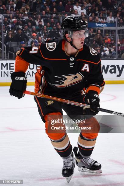 Cam Fowler of the Anaheim Ducks skates on the ice during the first period against the Los Angeles Kings at Crypto.com Arena on April 23, 2022 in Los...