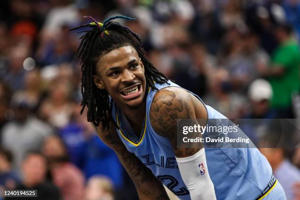 Ja Morant of the Memphis Grizzlies looks on against the Minnesota Timberwolves in the fourth quarter of the game during Game Four of the Western...