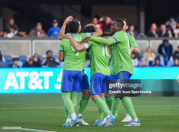 Seattle Sounders midfielder Nicolás Lodeiro and teammates celebrate the first goal of the match between the Seattle Sounders and the San Jose...