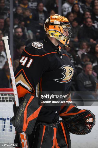 Anthony Stolarz of the Anaheim Ducks protects the goal during the third period against the Los Angeles Kings at Crypto.com Arena on April 23, 2022 in...