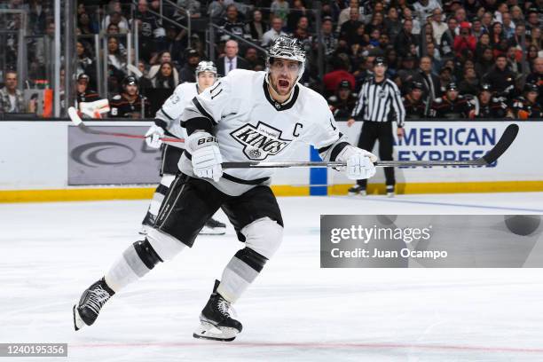 Anze Kopitar of the Los Angeles Kings reacts to the play during the third period against the Anaheim Ducks at Crypto.com Arena on April 23, 2022 in...