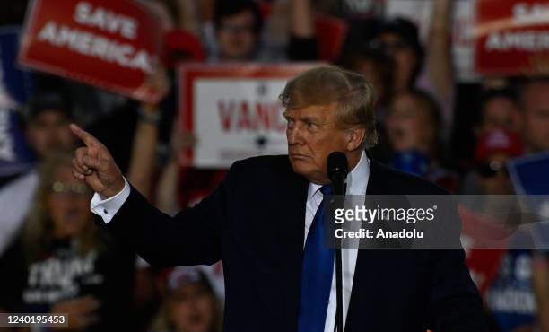 Donald Trump delivers remarks at a Save America event with guests J D Vance, Mike Carey, Max Miller, Madison Gesiotto Gilbert in Delaware, OH, on...