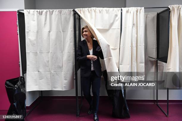 French right-wing Les Republicains Ile-de-France Regional Council President and former presidential candidate Valerie Pecresse emerges from a booth...