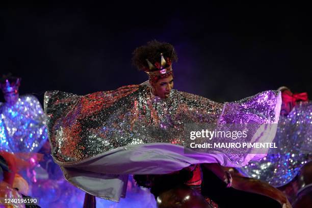 Members of Grande Rio samba school perform during the second night of Rio's Carnival parade at the Sambadrome Marques de Sapucai in Rio de Janeiro on...