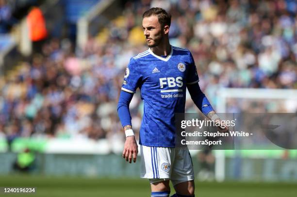 Leicester City's James Maddison during the Premier League match between Leicester City and Aston Villa at The King Power Stadium on April 23, 2022 in...