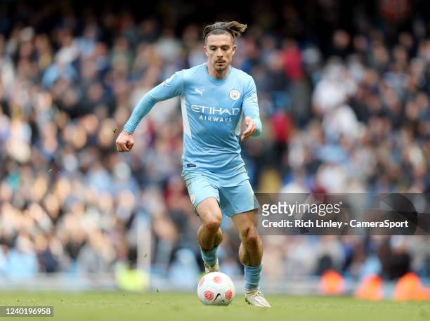 Manchester City's Jack Grealish during the Premier League match between Manchester City and Watford at Etihad Stadium on April 23, 2022 in...