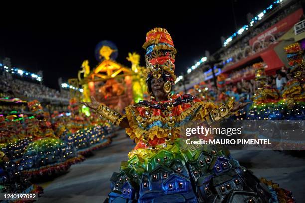 Members of Vila Isabel samba school perform during the second night of Rio's Carnival parade at the Sambadrome Marques de Sapucai in Rio de Janeiro...