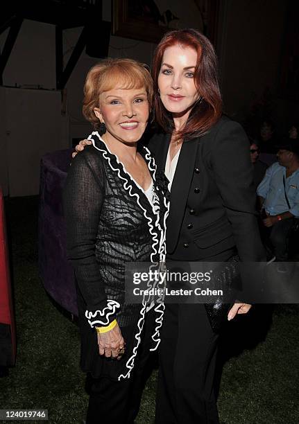 Maria Elena Holly and actress Priscilla Presley attend a concert in celebration of Buddy Holly's music and legacy held at The Music Box Theatre on...