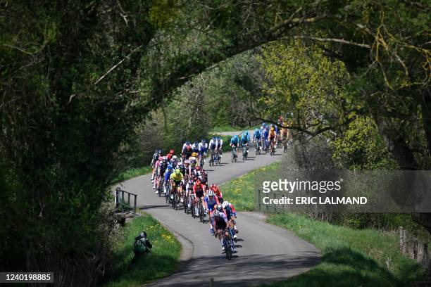 Riders compete during the Liege-Bastogne-Liege one day cycling race 5km from Liege to Liege in Liege on April 24, 2022. - - Belgium OUT / Belgium OUT