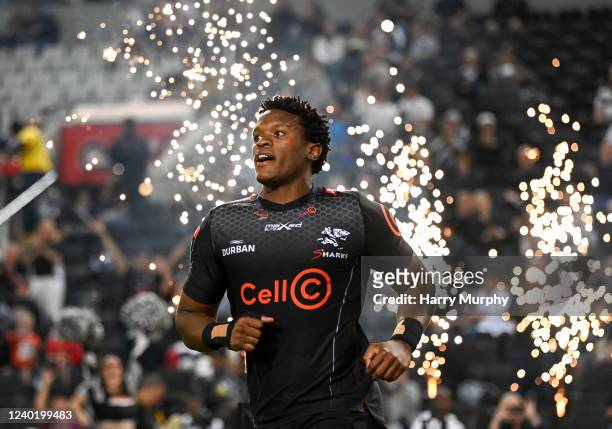 Durban , South Africa - 23 April 2022; Phepsi Buthelezi of Cell C Sharks runs out before the United Rugby Championship match between Cell C Sharks...