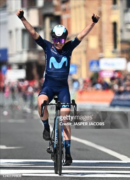 Dutch rider Annemiek van Vleuten of Movistar Team celebrates after winning the women's elite race of the Liege-Bastogne-Liege one day cycling event...