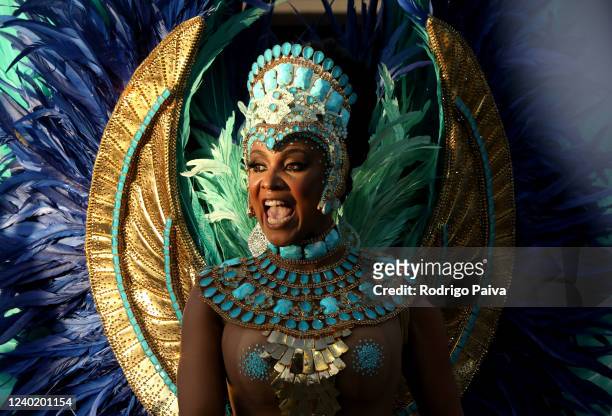 Queen of Percussion Valeska Reis of Imperio de Casa Verde performs during the parade of Sao Paulo Carnival 2022 at Anhembi Sambodrome on April 23,...